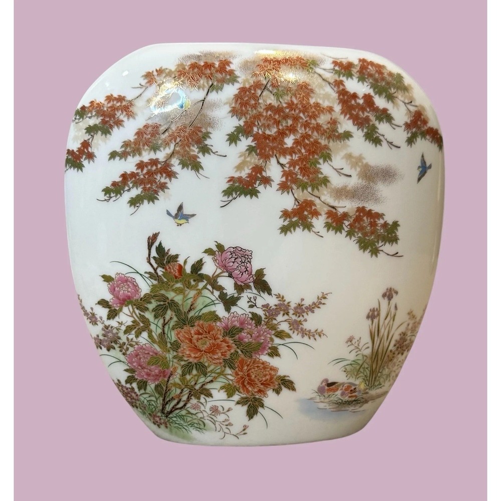 Japanese Vase Hand Painted Porcelain Maple Tree Floral Scene Decorative Vintage
